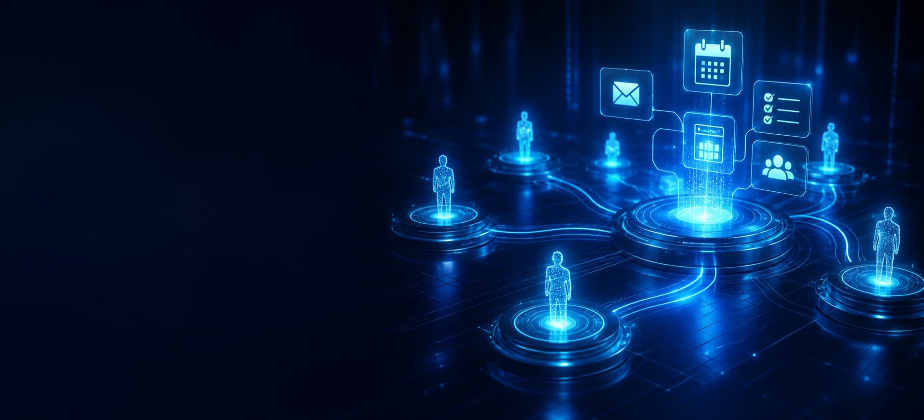 Blue digital employee figures connected to calendar, message and task symbols for AIS Empire.