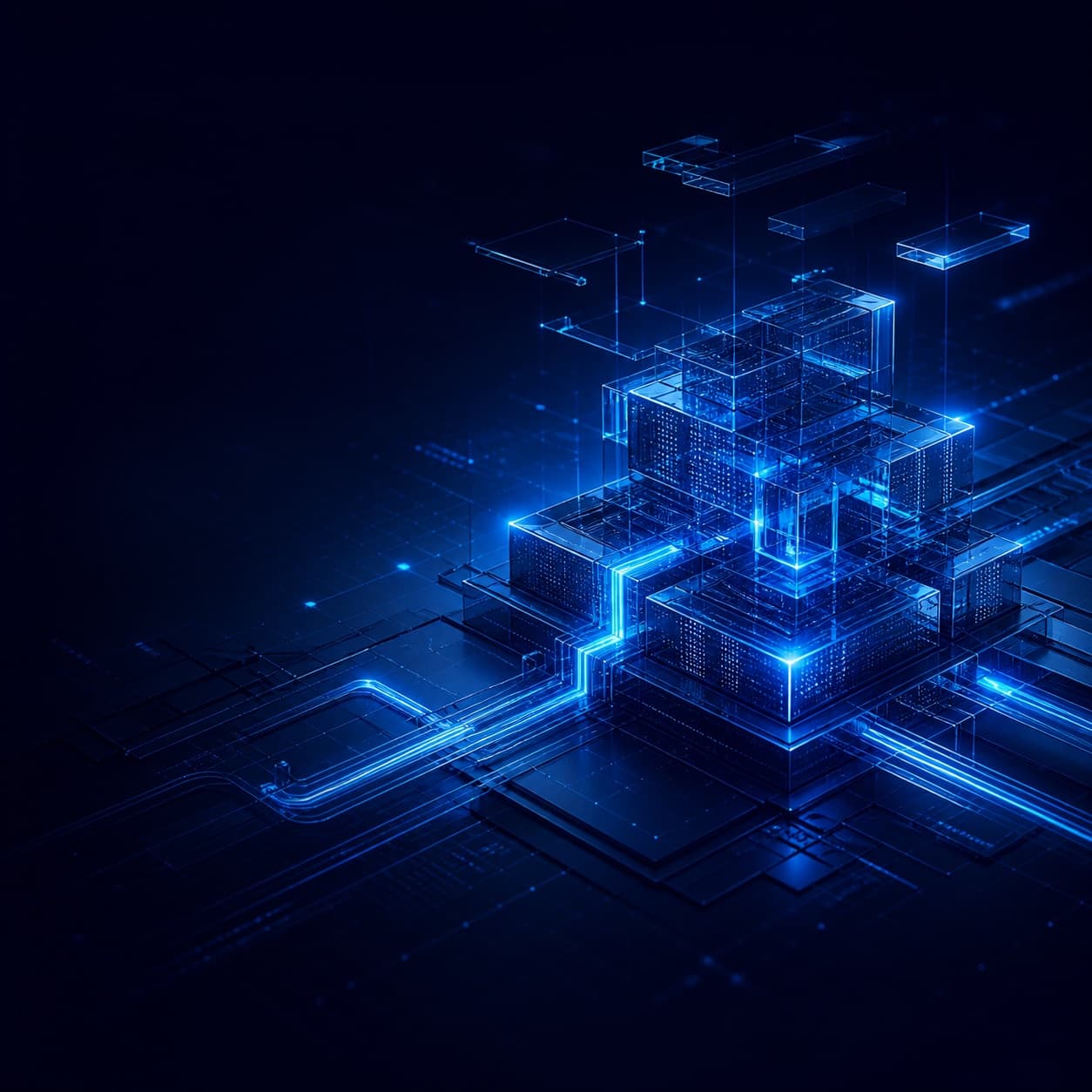 Blue connected digital blocks representing website structure for Lead Franchise’s AIS Empire builder resource.
