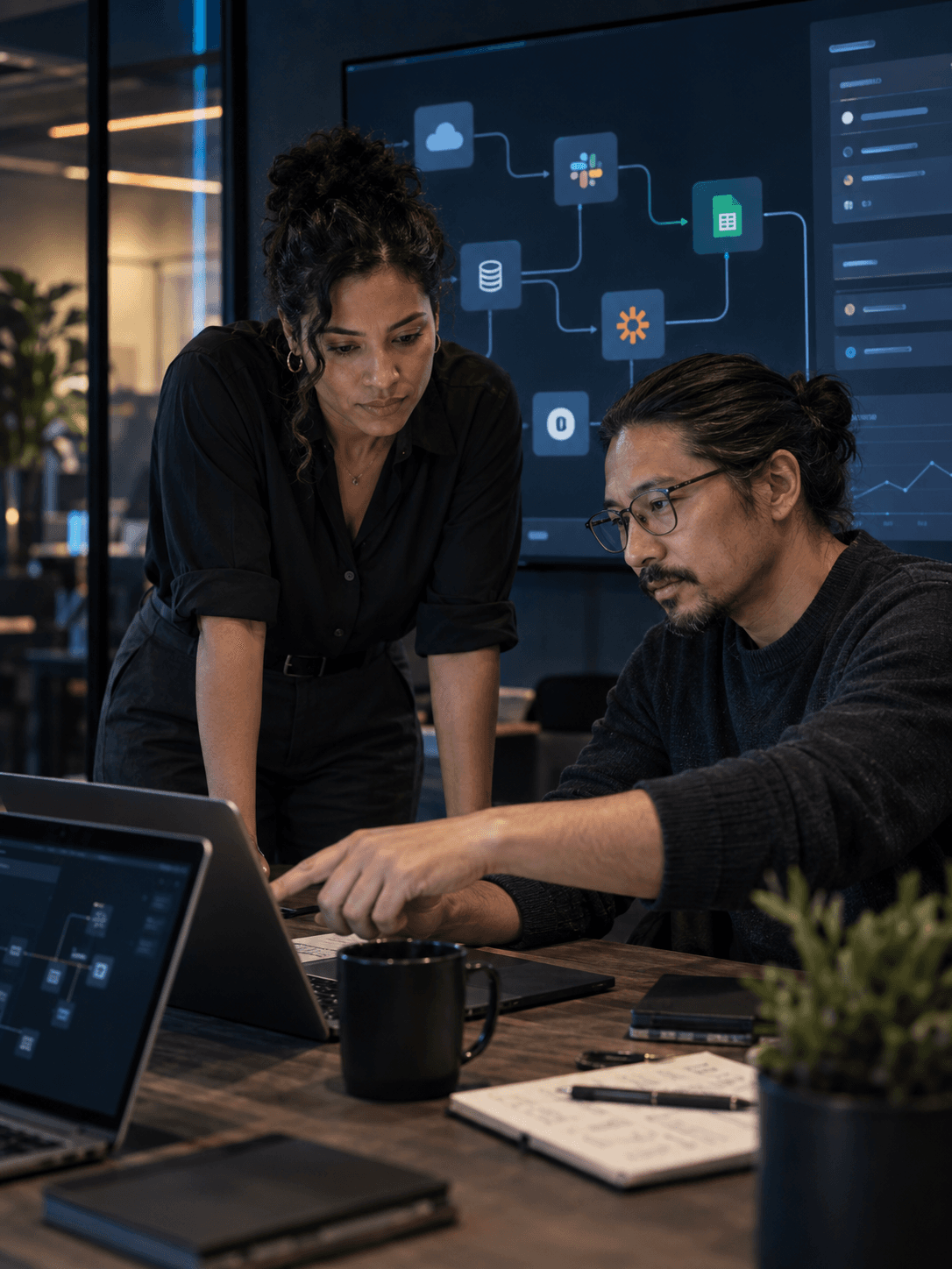 Illustrative team at laptops with a connected-tools diagram for the Lead Franchise and AIS Empire partnership.